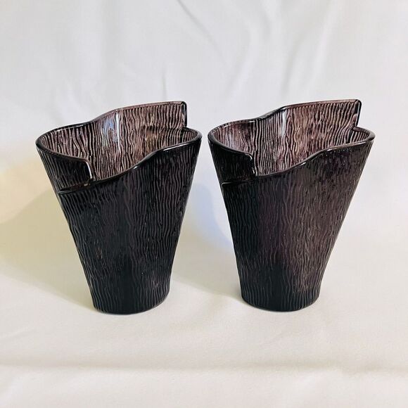 Partylite Glass Candle Holders Vase Wrapped Bark Dark Amethyst Plum Set of 2 - Picture 2 of 10